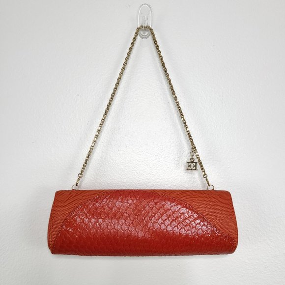 Escada Handbags - Escada orange snake pattern chain evening clutch